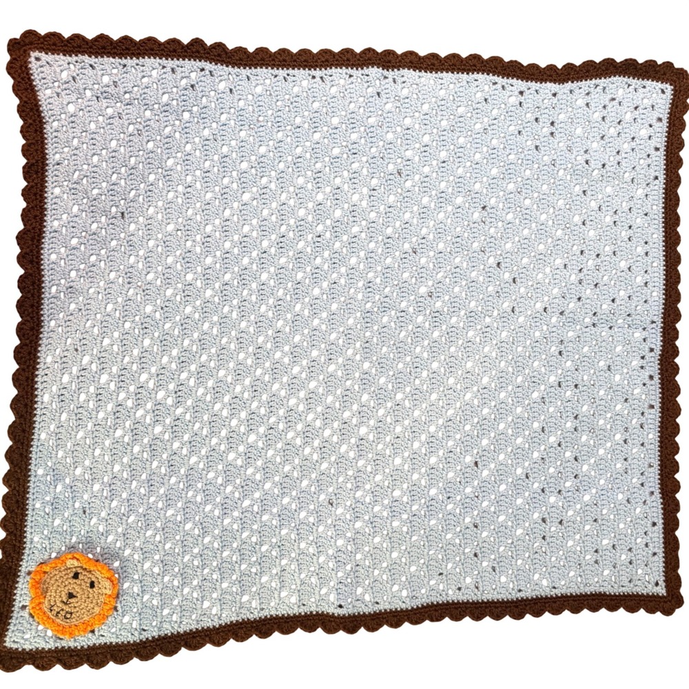 Handmade Crochet Baby Blanket Lion Applique Light Blue Brown 35 x 30 Inch
